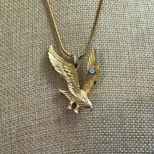 Gold Tone Chain  Flying Eagle Rhinestone Pendant Necklace Statement Bird